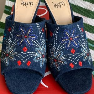 Impo Talent Sandal in Floral Embroidered Denim